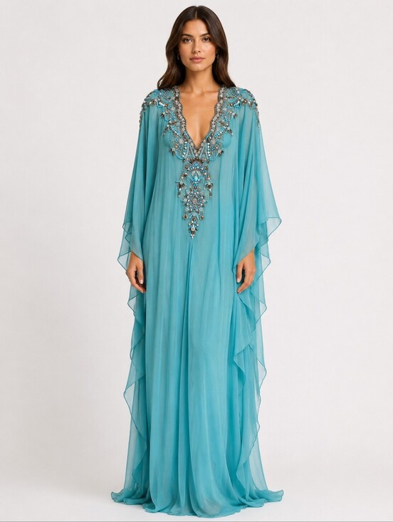 Marchesa Dresses & Skirts - Marchesa Couture Aqua Blue Embellished Neckline Chiffon Caftan Gown No Size